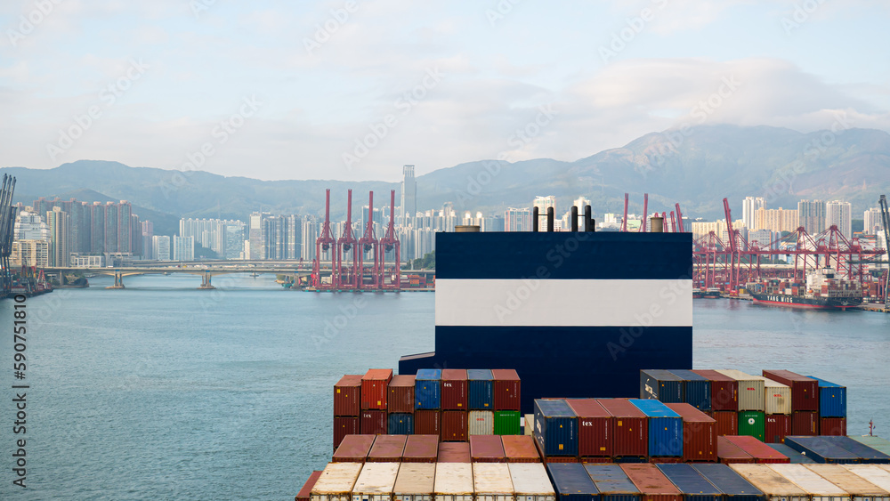 Hong Kong 01.19.2023 Container ship leaving unmooring container port