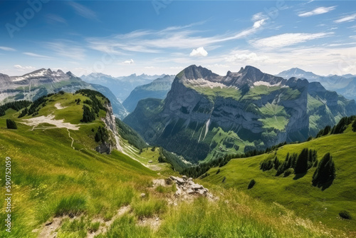 Alps mountain range with Mount Pilatus, Lake Lucerne, verdant alpine meadows in bloom, and Switzerland are all visible in the panorama, generative AI