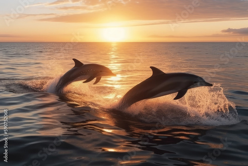 Beautiful bottlenose dolphins leaping from the ocean on a bright day in the sea with pure blue water, generative AI © Kien