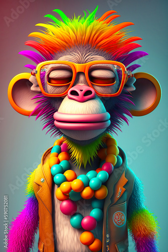 Cartoon colorful monkey with sunglasses nft style, Created with generative A