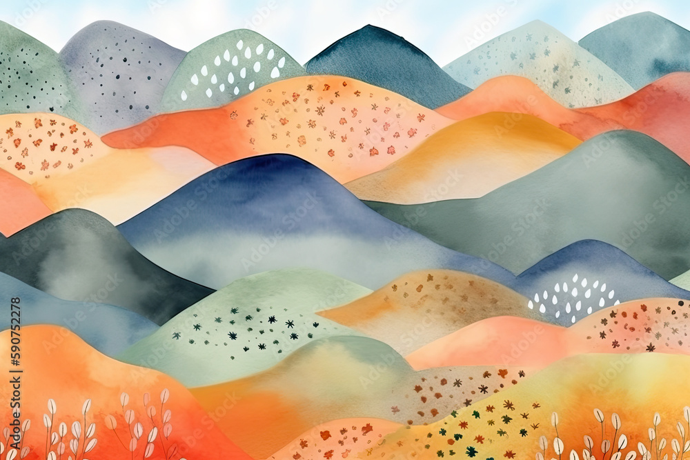Watercolor hills landscape. Abstract seamless pattern with hand drawn hills and fields. Perfect for kids fabric, textile, nursery wallpaper, generative AI