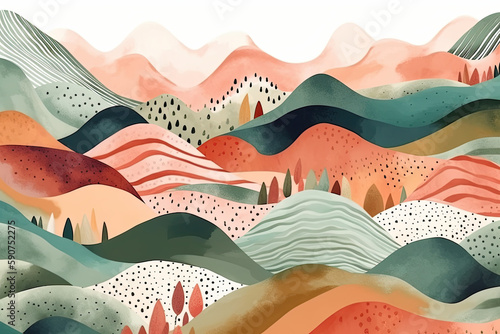 Watercolor hills landscape. Abstract seamless pattern with hand drawn hills and fields. Perfect for kids fabric, textile, nursery wallpaper, generative AI © Kien