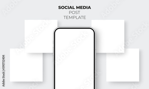 Smartphone With Blank Screen and Square Templates for Social Media Posts Design. Vector Illustration
