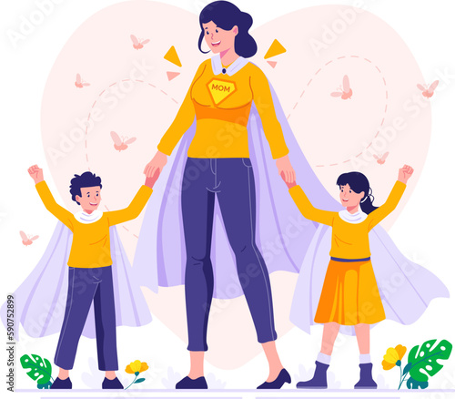 Mommy, Daughter, and Son with superhero capes. Superhero Mom with children. Mother's Day Illustration