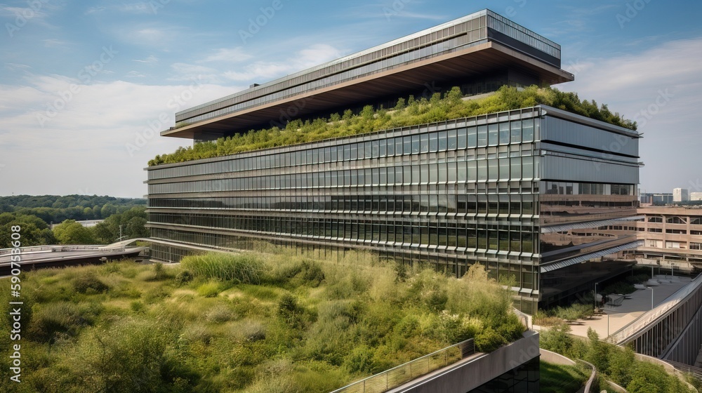 a very tall building with a green roof and a lot of trees on top of the ...