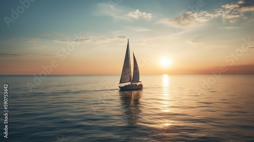  a sailboat is sailing in the ocean at sunset or sunrise or sunset on the water with the sun setting behind it and the horizon.  generative ai © Oleg