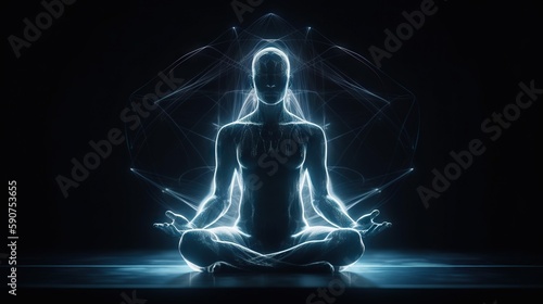 Human meditate in lotus pose with blue energy flow through his body. Transcendental yoga or prayer. Generative AI