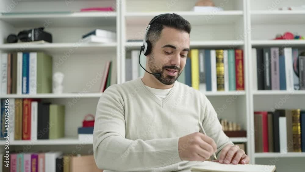 Young hispanic man student having video call writing on notebook at library university Young hispanic man student having video call writing on notebook at library university