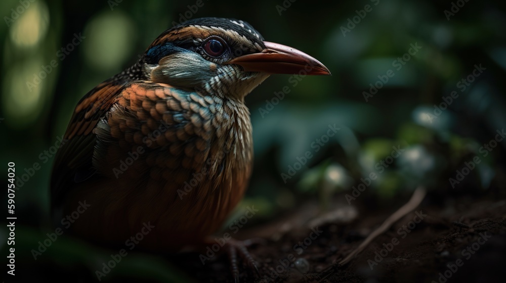 Gurney Pitta bird on floral blurry background. Generative AI Gurney Pitta bird on floral blurry background. Generative AI