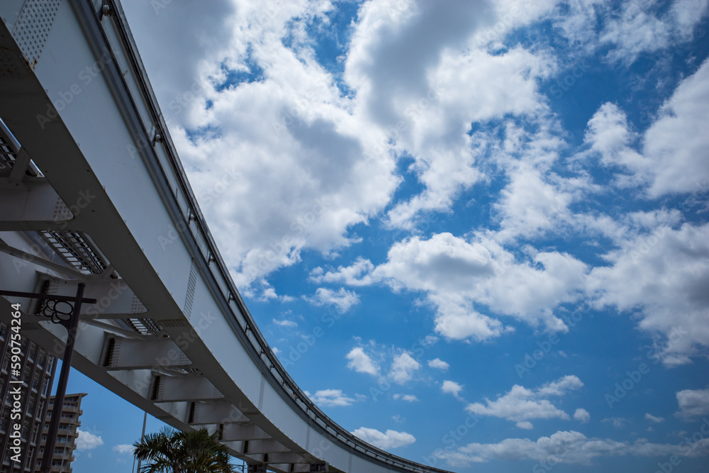沖縄県那覇市のモノレール線路沿いで見える青空の風景