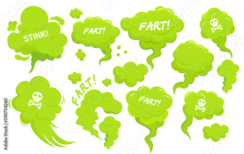 Stinky clouds set. Green fart. Collection of graphic elements for website. Steam chemicals smoke. Scent garbage odor effect. Smell cloud toxic. Cartoon flat vector isolated on white background