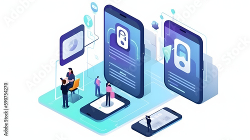 User two-factor authentication technology via mobile phone. Identification human in mobile bank for internet payments or access confidential information. Fintech isometric concept. Digital safety. © Prasanth
