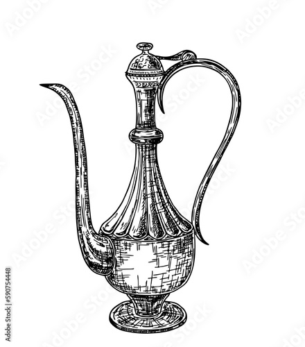 Antique oriental carved jug, turkish arabic teapot, sketch vector illustration. Traditional eastern coffee pot, jug, dallah, aftaba. Arab heritage. Turkish culture symbol.