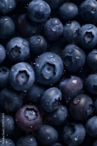 Fresh blueberry with drops water close-up on dark background. Top view. Concept of healthy and dieting eating. Overhead view. Summer nature wallpaper. Image is AI generated.