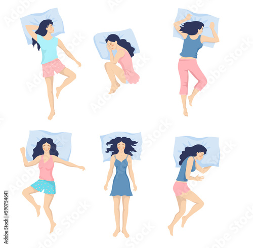 Woman sleep. Set. Female sleeping positions, vector illustration. Front, side, rear, top. lie on the tummy, sleep on one s side, lie supine. Beautiful cartoon women. Vector illustrations isolated
