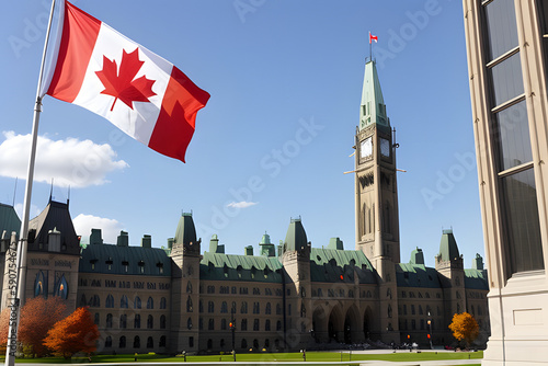 Canadian flag waving in front of the parliament photo