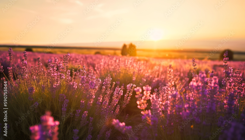 Fototapeta premium Beautiful lavender field at sunset. Generative AI.
