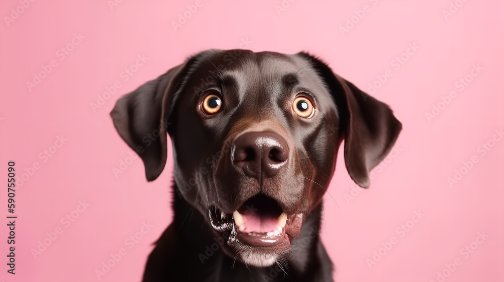 Studio portrait of a labrador dog with a surprised crazy face, concept of Pet Photography, pink background