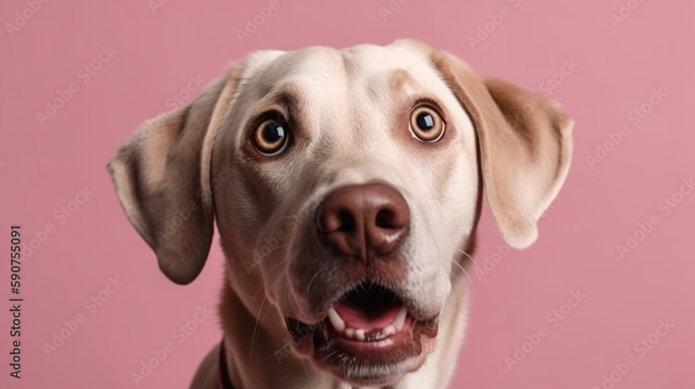 Studio portrait of a labrador dog with a surprised crazy face, concept of Pet Photography, pink background Studio portrait of a labrador dog with a surprised crazy face, concept of Pet Photography, pink background