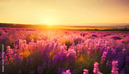 Beautiful lavender field at sunset. Generative AI.
