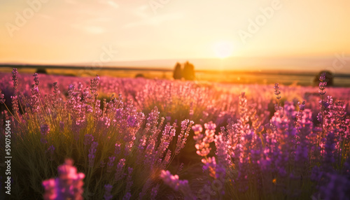 Beautiful lavender field at sunset. Generative AI.