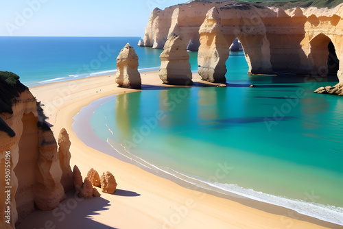 Maria Luisa beach with rock formation in Albufeira, Algarve, Portugal.
