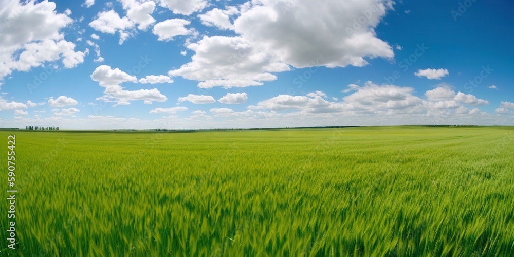 Empty green field and blue sky with rare clouds. Generative AI