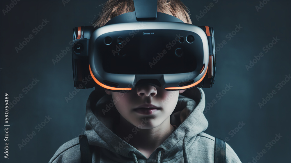 A boy wearing a vr headset, in the style of science-fiction dystopias A boy wearing a vr headset, in the style of science-fiction dystopias