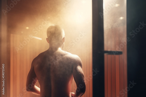 Sweating it out: A view of a naked man's back in a steamy sauna photo