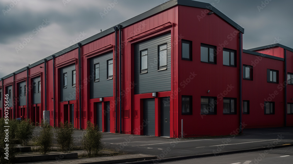 Industrial complex factory buildings for sale in england, in the style of dark gray and red
