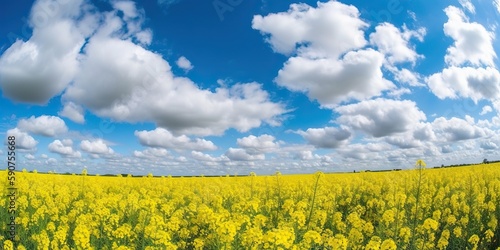 Yellow rapeseed field and blue sky on a sunny day. Generative AI