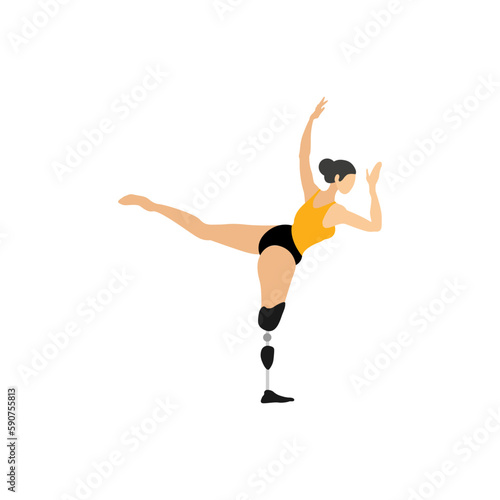 Girl gymnast athlete dancer performs an acrobatic exercise. The woman is disabled with a mechanical prosthesis. Girl performs a jump. Vector eps 10 