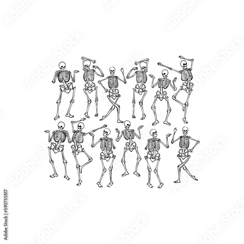 Set of dancing skeleton. Collection of silhouette skeletons in dance. Happy Halloween. Human anatomy. Vector illustration isolated on white background.
