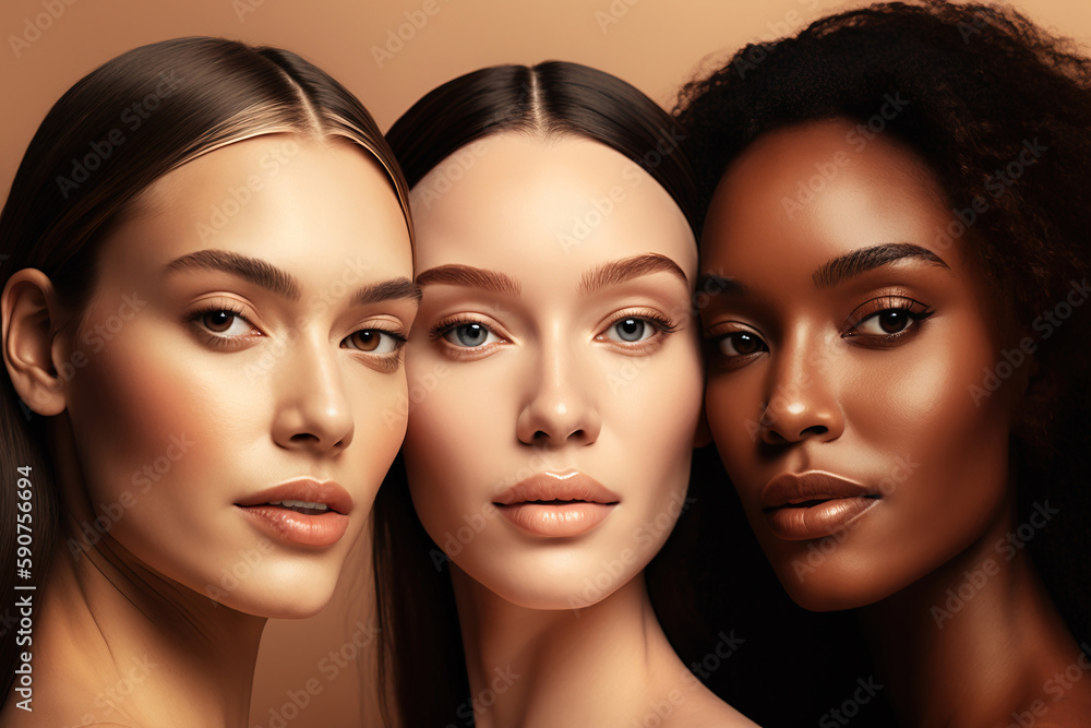 A group of diverse women with unique skin types and features pose together on a beige backdrop. Beauty and care. AI Generative