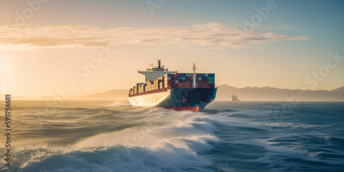 container ship on the high seas, ocean transport, cargo shipping, transportation, supply chains, containers, generative ai