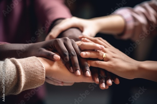 Hands of people of different races and genders holding each other.