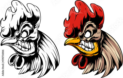 Head of rooster. Cock abstract character illustration. Graphic logo designs template for emblem. Image of portrait for company use.