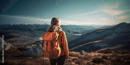 woman trekking in the mountains with big backpack, panorama