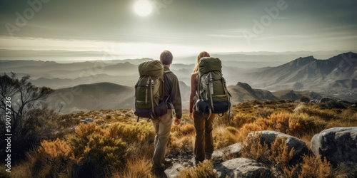 couple trekking in the mountains with big backpack, panorama