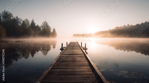 Fotografiet a dock in the middle of a body of water with a foggy sky in the background and trees in the foreground, and a body of water with a dock in the foreground