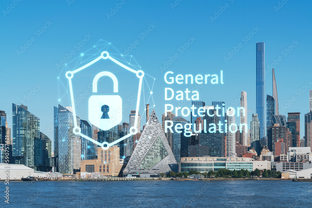 Obraz premium New York City skyline from New Jersey over the Hudson River towards Midtown Manhattan at day time. GDPR hologram, concept of data protection, regulation and privacy for all individuals