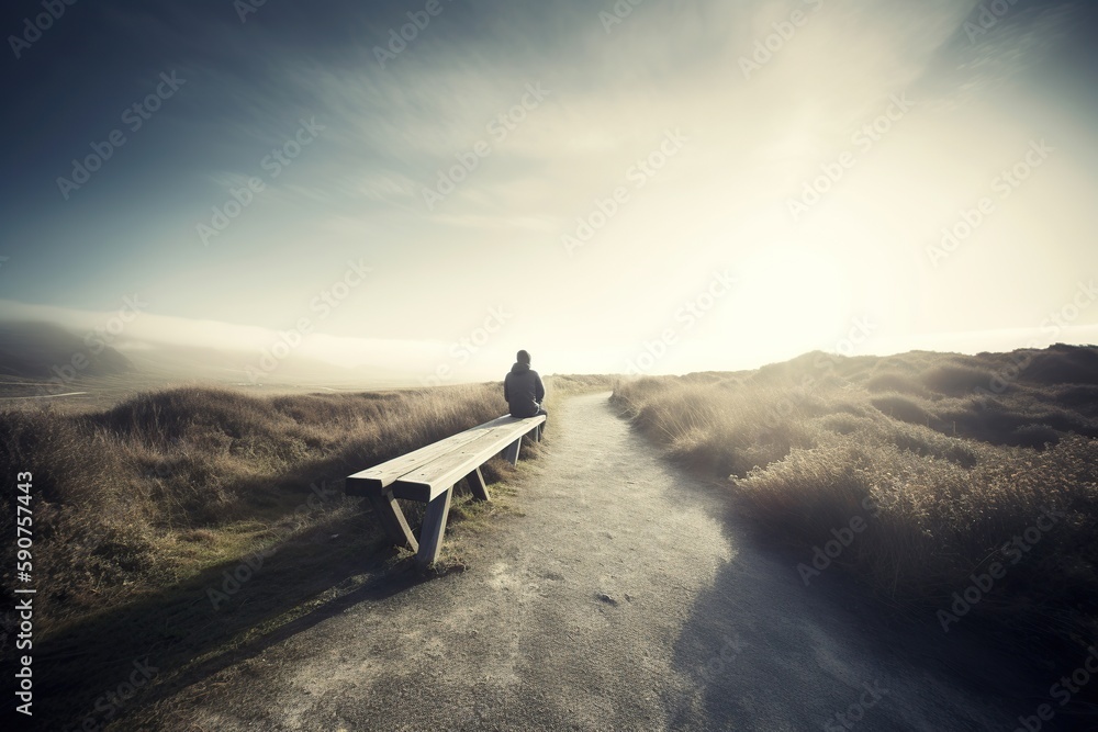 A lonely man sits on a bench near the path. Bright sunny landscape with sky and hills. Generative AI - obrazy, fototapety, plakaty 