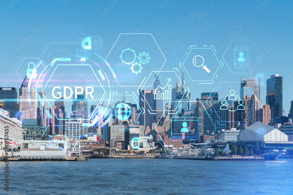 New York City skyline from New Jersey over the Hudson River towards Midtown Manhattan at day time. GDPR hologram, concept of data protection, regulation and privacy for all individuals