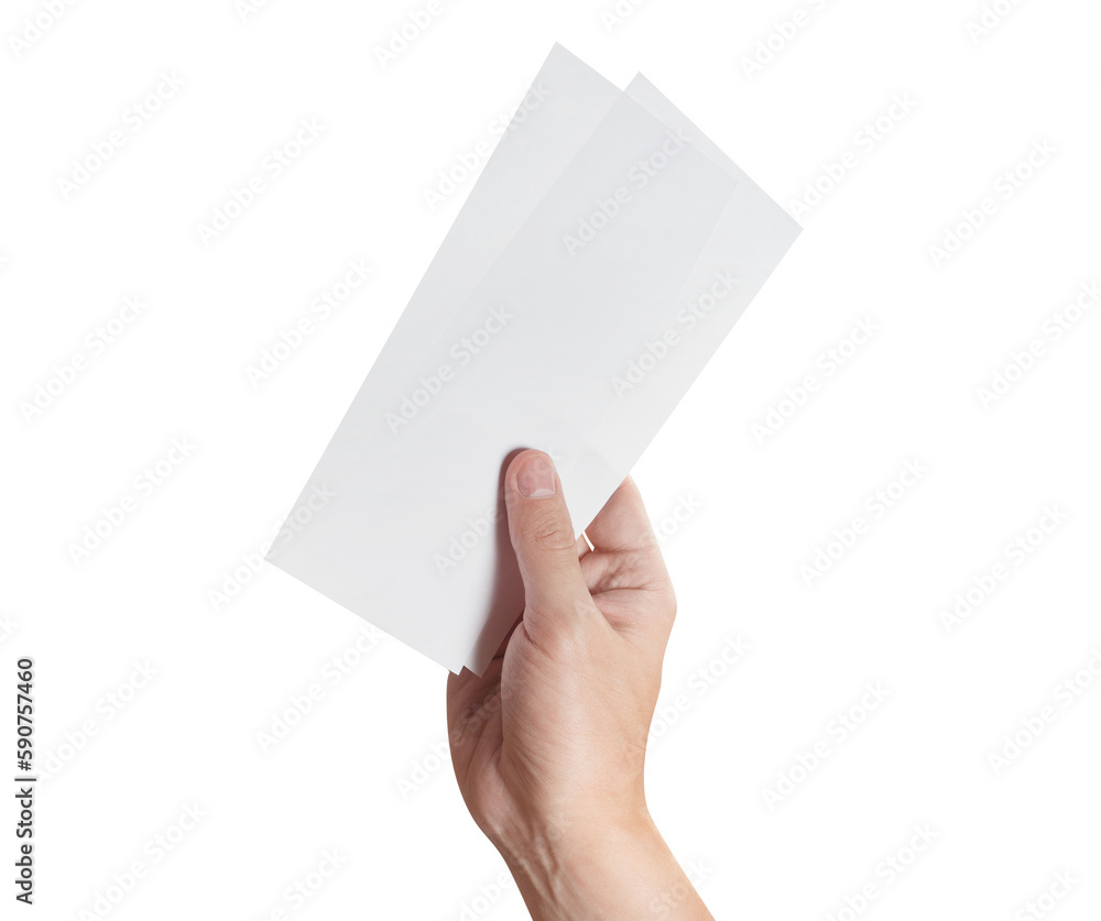 Hand holding two blank sheets of paper (tickets, flyers, invitations, coupons, banknotes, etc.), cut out Hand holding two blank sheets of paper (tickets, flyers, invitations, coupons, banknotes, etc.), cut out