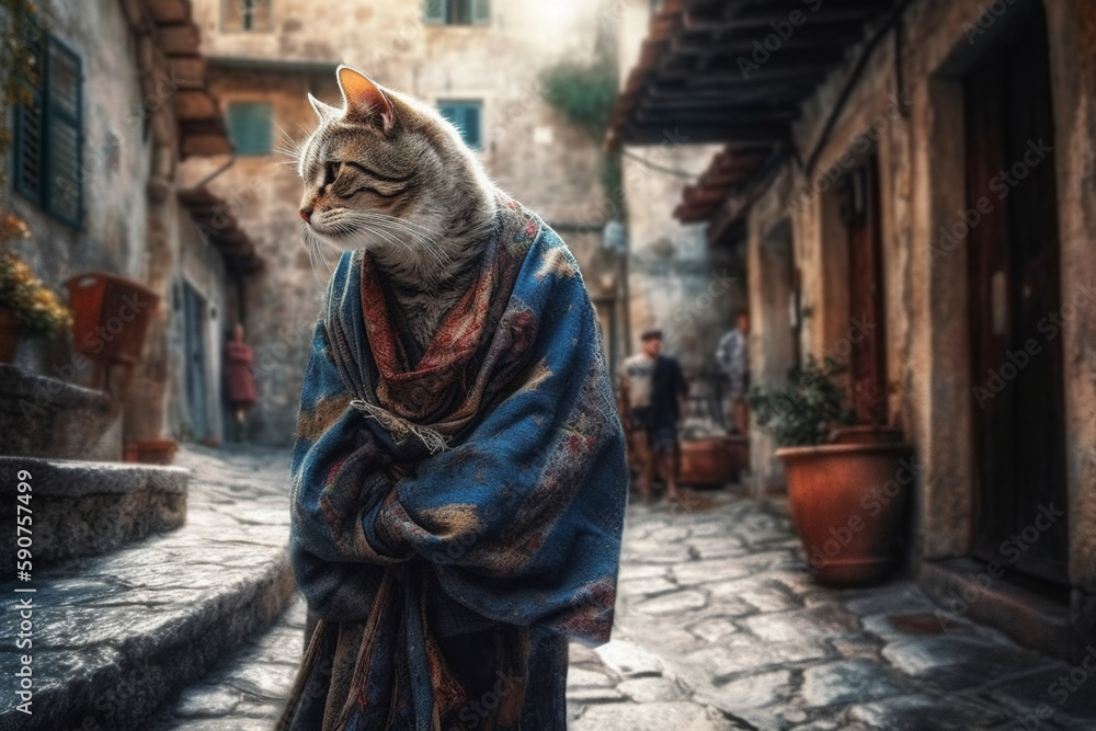 Cat wearing ancient clothes and walk in old town Kotor