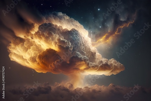 A cloud with a golden glow against the background of the night starry sky. Generative AI