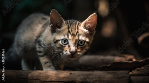  a small kitten with blue eyes walking on a wooden surface in the dark, with a blurry background of leaves and a tree trunk.  generative ai © Oleg