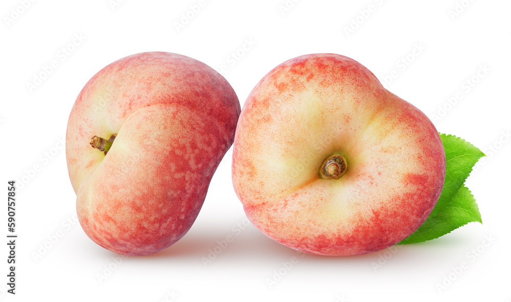 Isolated flat peaches. Two whole peach fruit with leaves isolated on white background Isolated flat peaches. Two whole peach fruit with leaves isolated on white background