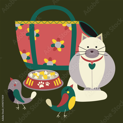 Set of elements for animals, cats, dogs, bag, carrier, birds with a cat and a plate with food, fodder.