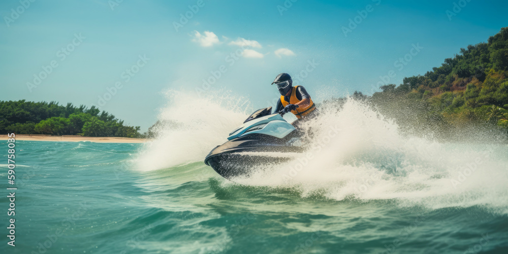 Man on water scooter, water sports, vacation, summer and leisure, one the sea, blue water, generated ai Man on water scooter, water sports, vacation, summer and leisure, one the sea, blue water, generated ai